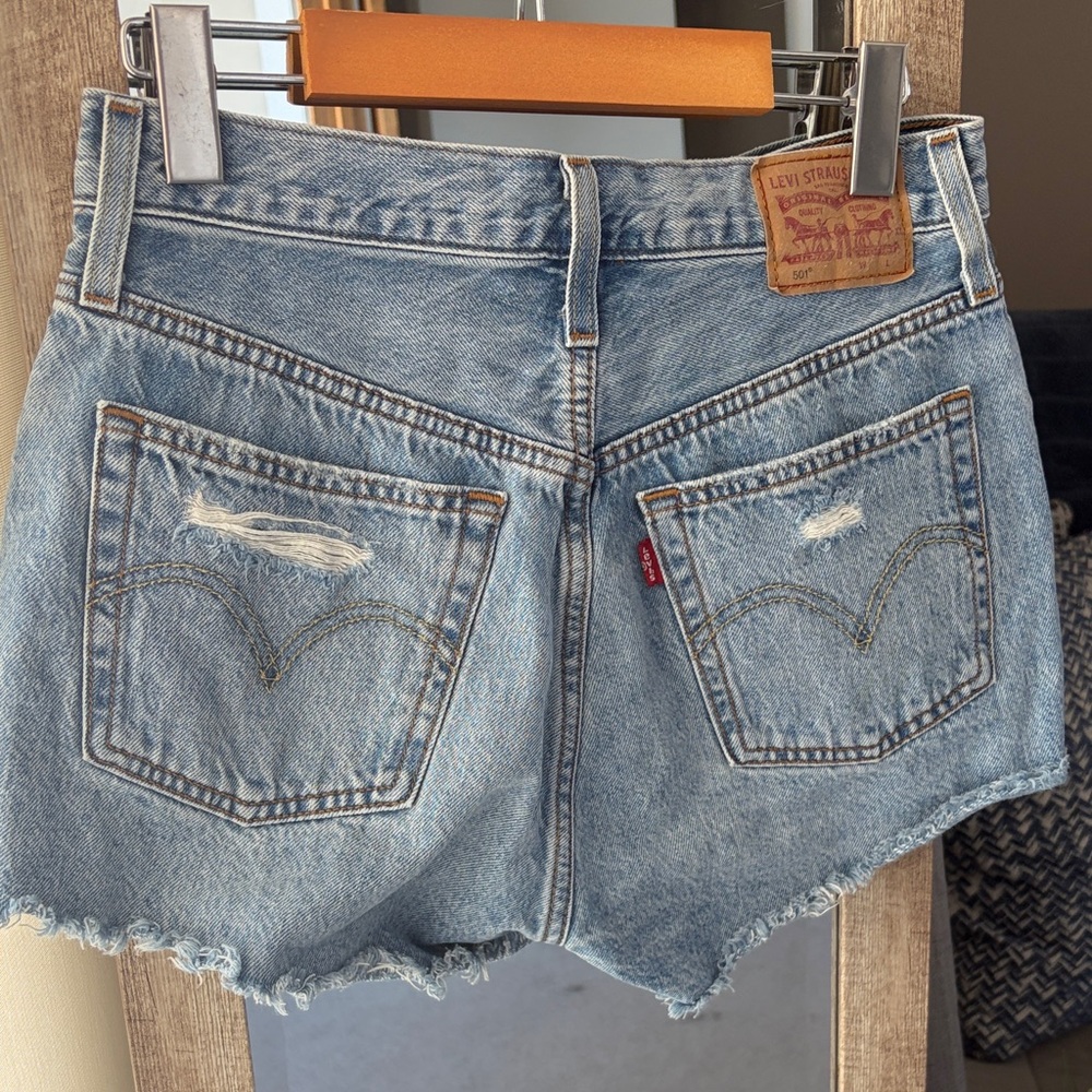 Levi's 501 Light Blue Distressed Denim Cutoff Shorts - Picture 2 of 5
